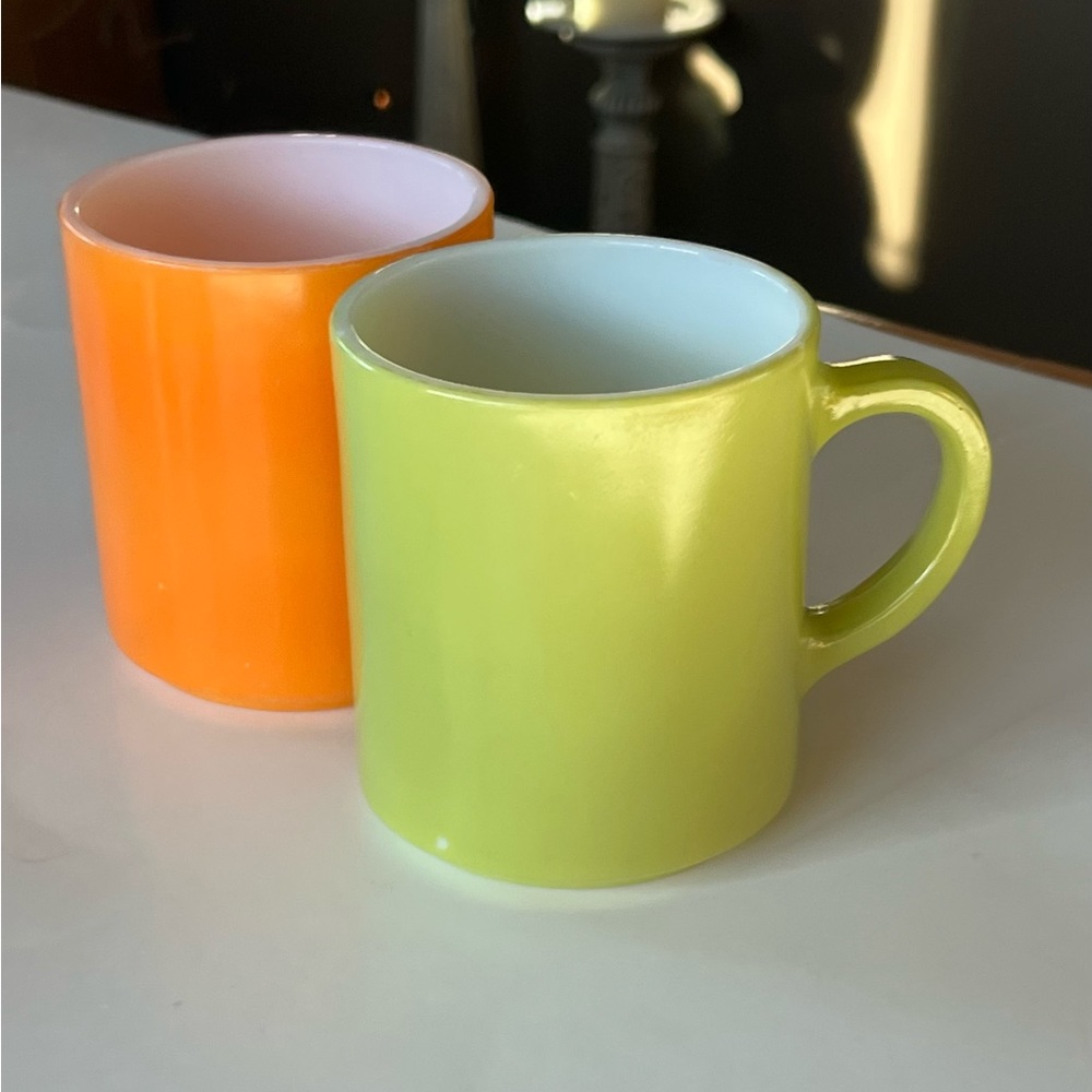 VTG Hazel-Atlas orange and green milk glass coffee mugs